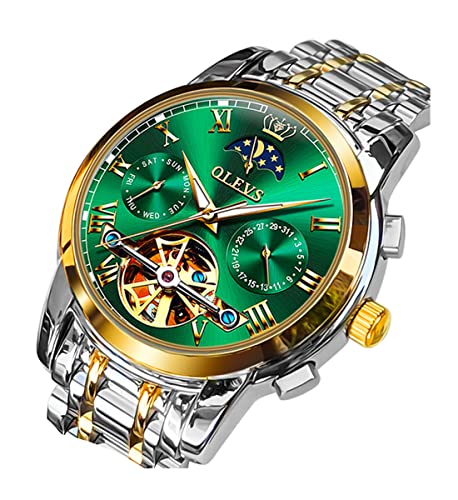 OLEVS Automatic Mechanical Men Watch Green Face Moon Phase Stainless Steel Dress Fashion Business Luminous Waterproof Date Week Male Wrist Watch