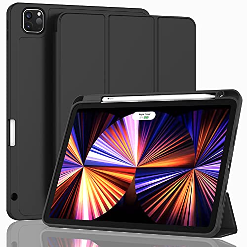 ZryXal New iPad Pro 11 Inch Case 2021(3rd Gen) with Pencil Holder, Smart iPad Case [Support Touch ID and Auto Wake/Sleep] with Auto 2nd Gen Pencil Charging (Black)