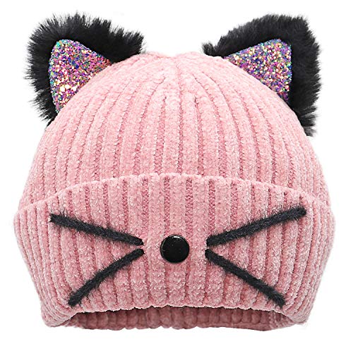 Bellady Mother Children Sequin Cat Ears Hats Warm Knit Crochet Beanies Cute Fashion Skull Cap, Adult_Pink