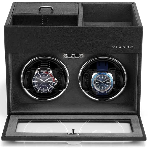 Vlando Automatic Double Watch Winder - Watch Winder Box with Men Jewelry Organizer Tray, Japanese Quiet Motor, LED Light, Adjustable Watch Pillows, AC Adapter - Black