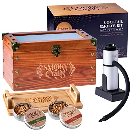 Smoky Crafts Cocktail Smoker Kit - Whiskey Smoker Kit with Smoking Gun, Cocktail Smoker Box, Food Tray and Wood Chips (Apple & Cherry) - Old Fashioned Smoker Kit (Torch Not Required)
