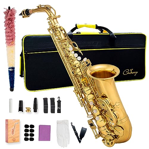 Cadway Alto Saxophone Eb beginner Saxophone includes brush canvas suitcase glove whistle piece cork plaster wipe cloth neck strap and other accessories (Gold)