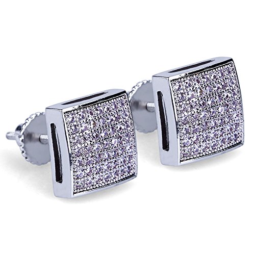 TOPGRILLZ 925 Sterling Silver Square Screw Stud Earrings 14K Gold 5A+ Cubic Zirconia Iced Out Square Screw Back Hypoallergenic Cube Large Stud Earrings For Men Women(04Silver)
