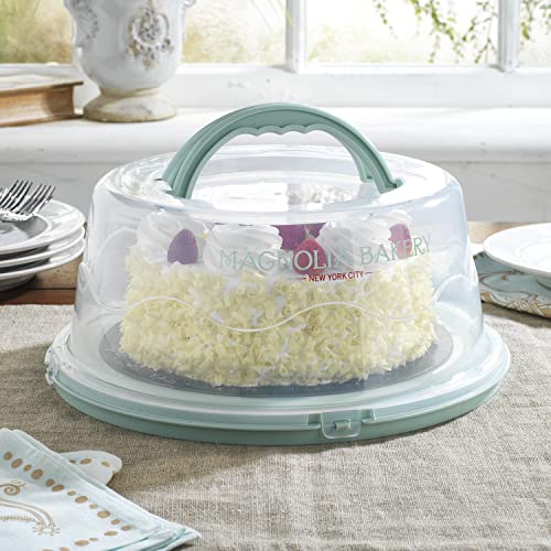 Magnolia Round Cake Carrier, BPA-Free Plastic Cake Keeper with Lid, Fits 10” Cakes, Four Secure Side Closures, Dishwasher Safe Cake Transport Container (Green)