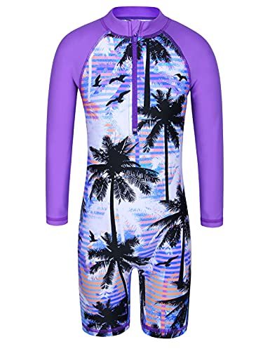 TFJH E Girls Long Sleeve Bathing Suit One Opiece Surfing Swimwear UV 50+0 Beachwear Zipper Purple Tree 140/146