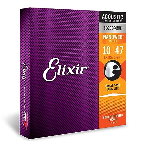 Elixir Strings - Acoustic 80/20 Bronze with NANOWEB Coating - Elixir Acoustic Guitar Strings - Extra Light (.010-.047)