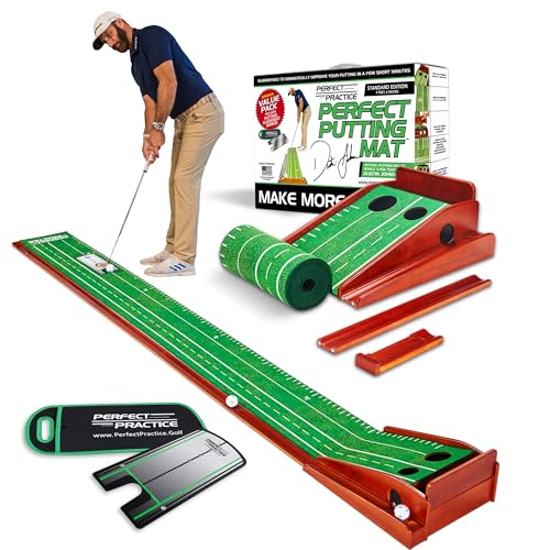 PERFECT PRACTICE Putting Mat w/Alignment Mirror - Indoor Golf Putting Green w/ 2 Holes - Putting Matt for Indoors Practice - Golf Training Aid for Home - Golf Accessories and Gifts for Men