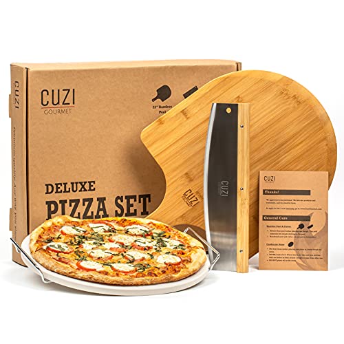 Cuzi Gourmet XL 4-Piece Pizza Stone Set - 15' Thermal Shock Resistant Cordierite Pizza Baking Stone, 22' Natural Bamboo Pizza Peel & Pizza Cutter Rocker - Large Pizza Stone for Grill and Oven