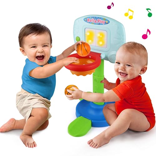 LotFancy Basketball Hoop for Kids Toddlers 9m-3y, Infant 2 in 1 Adjustable Sports Toy Set, Baby Electronic Interactive Learning Toy, with Light and Music Sound, Indoor Basketball Game, Battery Include