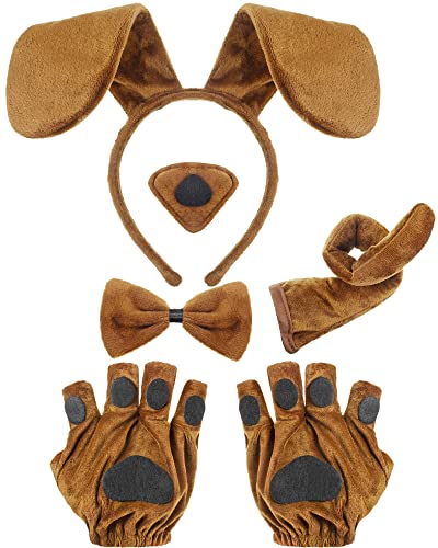 Syhood Puppy Dog Costume Set Dog Ears Headband Bowtie Nose Tail Puppy Paw Gloves Animal Costume for Carnival World Book Day(Light Coffee)