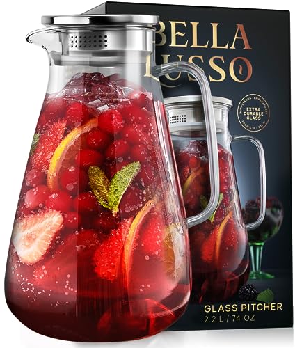 Glass Pitcher with Lid - Water Carafe 2.2L / 74oz - Iced Tea, Juice, Milk, Coffee, Lemonade - Borosilicate Boiling Glassware - Hot & Cold Beverages - 0.55 Gallon Jug, Handle & Spout - Premium Gift Box