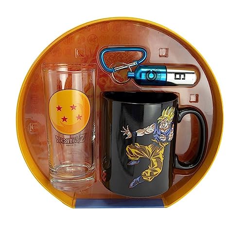 ABYSTYLE Dragon Ball Z Anime Premium Gift Set Includes Heat-Change Coffee Mug, Drinking Glass 10 Oz, Blue Capsule Corp Keychain Dishwasher Safe Drinkware Cold Hot Tea Mug DBZ Anime Manga 3 Pcs