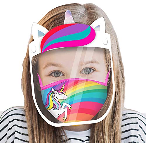 ABG Accessories Kids Face Shield with Matching Little Girls Reusable Fabric Mask, Age 3-7, Unicorn Design, 1 Count (Pack of 1)