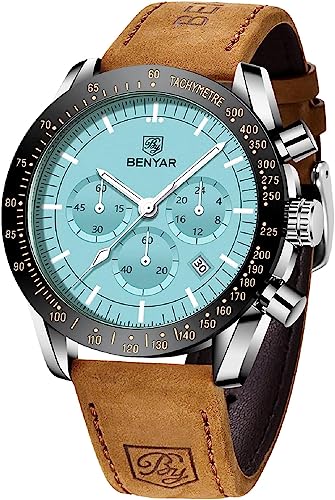 BY BENYAR Mens Watches Analog Quartz Chronograph Waterproof Luminous Watch for Men Business Work Sport Casual Fashion Brown Leather Band Dress Men's Wrist Watches Elegant Gifts for Men