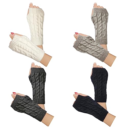2-4 Pairs Women Winter Warm Knit Fingerless Gloves Hand Crochet Thumbhole Arm Warmers Mittens (B-08-3Pairs, Black+Darkgray+Lightgray)
