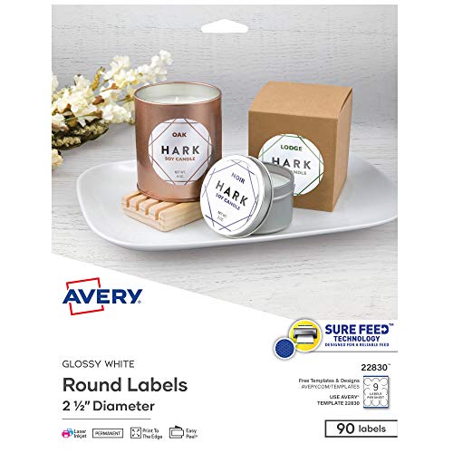 Avery Printable Round Labels with Sure Feed, 2.5' Diameter, Glossy White, 90 Customizable Labels (22830)