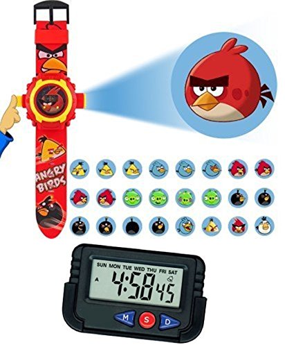 Pappi Haunt Kids Favourite - Pack of 2 Angry Bird Projector Wrist Band Watch for Kids, Children & Car Dashboard, Office Desk Alarm Table Clock with Stopwatch & Flexible Stand