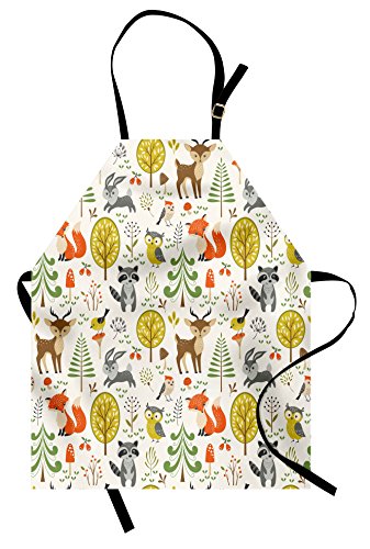 Lunarable Animals Apron, Woodland Forest Animals Trees Birds Owls Fox Bunny Deer Raccoon Mushroom Print, Unisex Kitchen Bib with Adjustable Neck for Cooking Gardening, Adult Size, Orange Brown