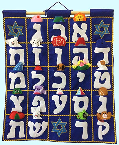 Pockets of Learning Aleph Bet Wall Hanging Chart - Blue Interactive Hebrew Felt Wall Décor for Children | Jewish Fabric Alphabet Kid's Room Décor with Felt Toy Objects in the Pocket
