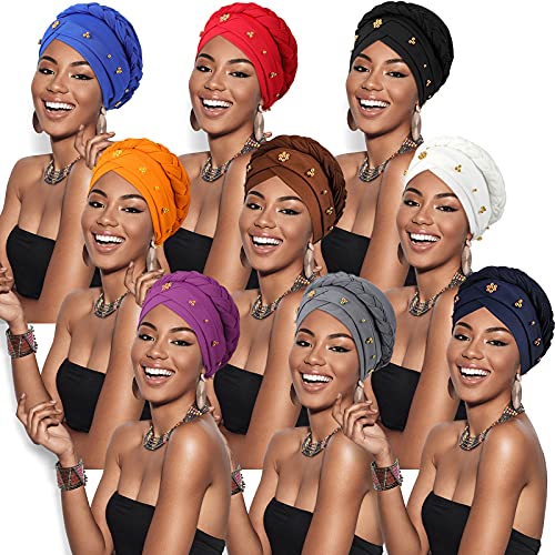 SATINIOR 9 Pieces Women Turban Braid Headscarf Braid Turban Cap Pre-Tied Twisted Braid Hair Covered Wrap Hat, Multicolor, One Size