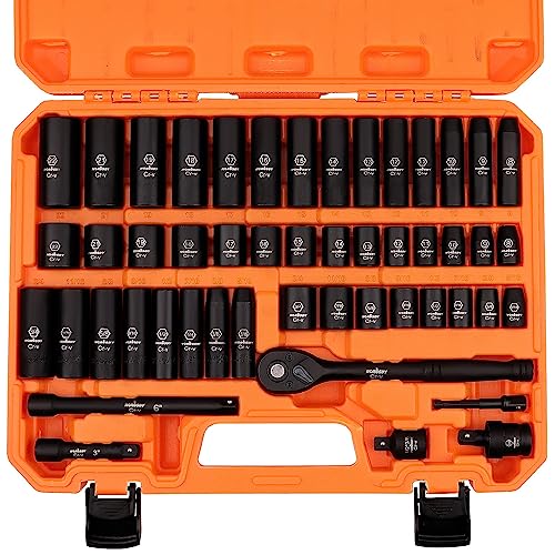 HORUSDY 3/8' Drive Impact Socket Set, 50-Piece Standard SAE (5/16 to 3/4 inch) and Metric (8-22mm) Size, 6 Point, Cr-V, 3/8-Inch Drive Ratchet Handle, Drive Extension Bar, Impact Universal Joint