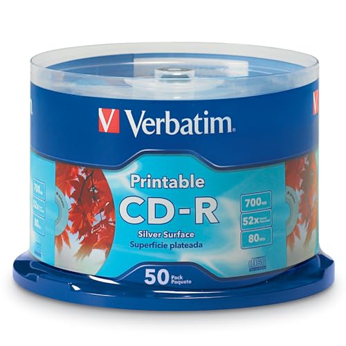 Verbatim CD-R Blank Discs 700MB 80 Minutes 52X Silver Inkjet Printable Surface - 50pk Spindle