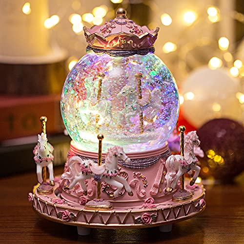 LOVE FOR YOU Gift Wrapped Music Box Carousel Horses Color Changing Lights Unicorn Snow Globe for Women Friends Female Kids Baby Girls Sister Niece Granddaughter Daughter Mom Birthday