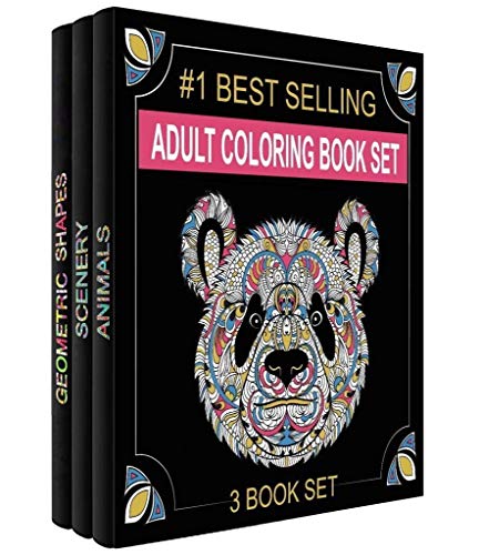 Adult Coloring Books Set - 3 Coloring Books for Grownups - 120 Unique Animals, Scenery & Mandalas Designs. Coloring books for adults relaxation.