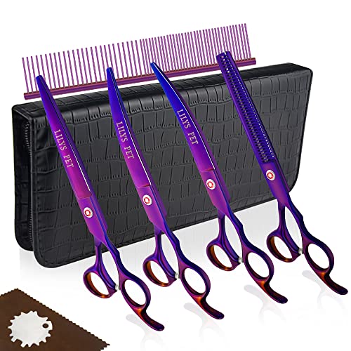 LILYS PET Professional PET DOG Grooming Coated Titanium scissors suit Cutting&Curved&Thinning shears (8.0 inches, Purple)…
