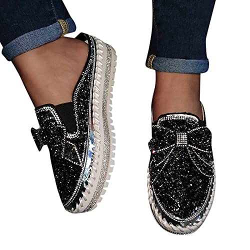 Hbeylia Women's Slip On Mule Sneakers Fashion Sequin Rhinestones Bowknot Design Platform Wedge Breathable Slippers Hiking Work Nurse Shoes Chunky Flat Heels Sliders Walking Shoes