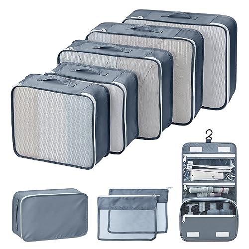 Easortm Packing Cubes for Suitcases 9 Set, Luggage Organizer Bags Travel Bags Organizer for Luggage, Travel Packing Organizers for Clothes Shoes Toiletries Data Cable.(Grey)