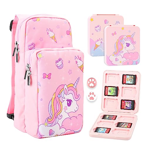 FUNDIARY Travel Bag for Nintendo Switch, OLED & Lite Carrying Case, Portable Shoulder Bag Set for Switch, Crossbody Backpack Accessories with Game Case and 2 Thumb Caps (Unicorn)