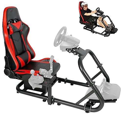 Gazzyt G27 Racing Simulator Cockpit with Red Racing Seat fit for Logitech G29 G920, Thrustmaster T300RS, Fanatec, PC, PS4, Large Round Tube Gaming Wheel Stand, Wheel&Pedal Not Included