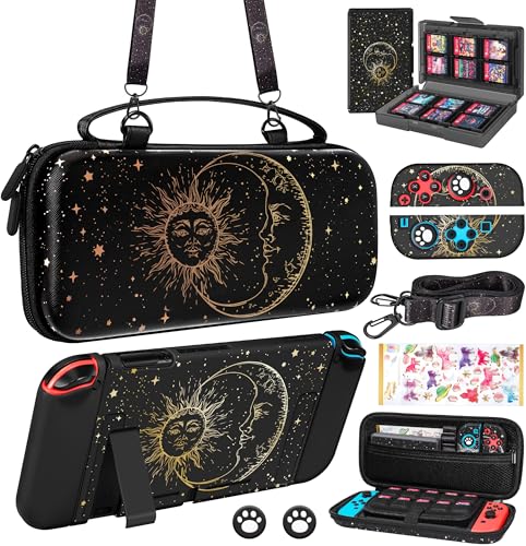 Gurgitat 9in1 Sun Moon Witchy Switch Case for Nintendo Switch Carrying Cases & Storage Accessories Bundle Kit Thumb Grip+Game Holder+Dockable Skin+Shoulder Strap+Sticker for Switch Travel Pouch Bag