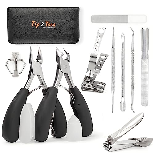 TIP2TOES 10 Pcs Ingrown Toenail Clippers for Seniors Thick Toenails- Heavy Duty Podiatrist Toe Nail Cutter for Men, Professional, and Adults- Easy Grip Handle Stainless Steel Sharp Curved Grooming Kit