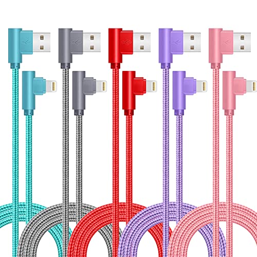 KILOW iPhone Charger Cord Right Angle Lightning Cable 6FT 5 Pack 90 Degree Nylon Braid Charging Cord Fast Charging Compatible for iPhone 12/12pro/11/11pro/XS/MAX/XR/X/8P/8/7P/7/6 iPad