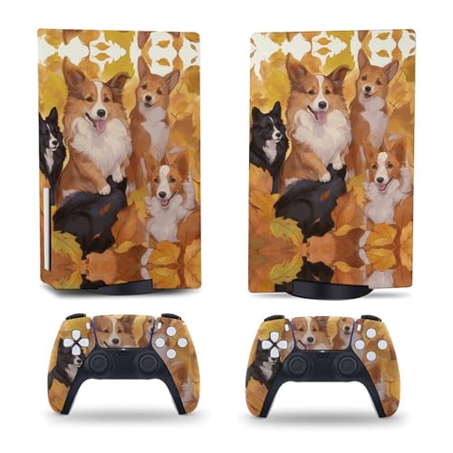 PS5 Skin Dogs Sitting on Top Pile Leaves Console and Controller Vinyl Cover Sticker Full Set for Playstation 5 Skins Protectors Disc Edition