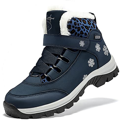 ASHION Women's Snow Boots Waterproof Snowboots Non Slip Durable Warm Winter Booties Hook and Loop Outdoor Shoes Leopard Blue Size 7.5