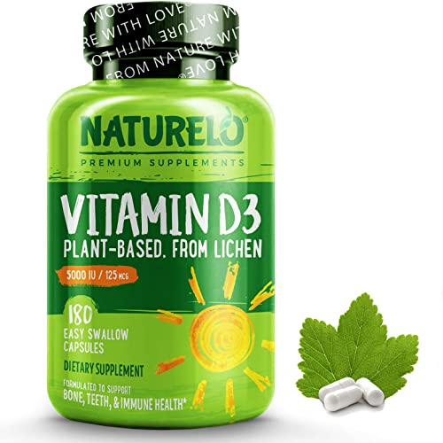 NATURELO Vitamin D - 5000 IU - Plant Based from Lichen - Natural D3 Supplement for Immune System, Bone Support, Joint Health - High Potency - Vegan - Non-GMO - Gluten Free - 180 Capsules