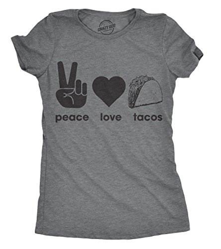 Womens Peace Love Tacos T Shirt Funny Saying Cute Graphic Vintage Ladies Design Funny Womens Tee for Valentines Day with Food Dark Grey M