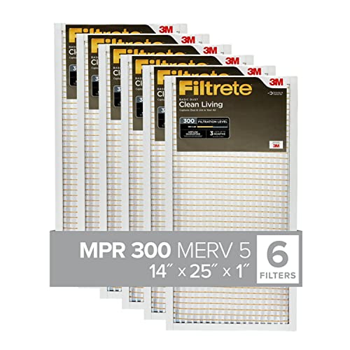 Filtrete 14x25x1 Air Filter, MPR 300, MERV 5, Clean Living Basic Dust 3-Month Pleated 1-Inch Air Filters, 6 Filters