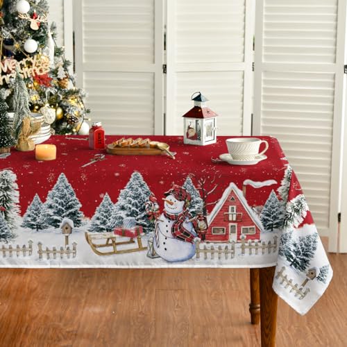 Horaldaily Christmas Tablecloth 60×84 Inch, Winter Snowman House Christmas Trees Red Washable Table Cover for Party Picnic Dinner Decor