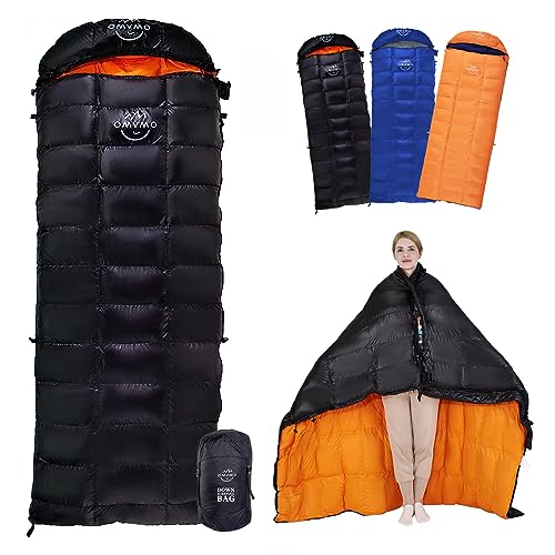 OMVMO 15 Degrees F 650 Fill Power Down Sleeping Bag for Adults,Lightweight 4 Season Envelope Rectangle Down Sleeping Bag for Backpacking Camping,Black Right-Zipper Long
