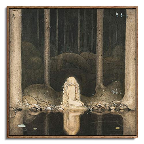 artprints1stop Square Floating Frame Canvas Print Wall Art - Fairy Tale Illustration Princess Tuvstarr Gazing Down into The Dark Waters of The Forest Tarn by John Bauer - 24x24 inches