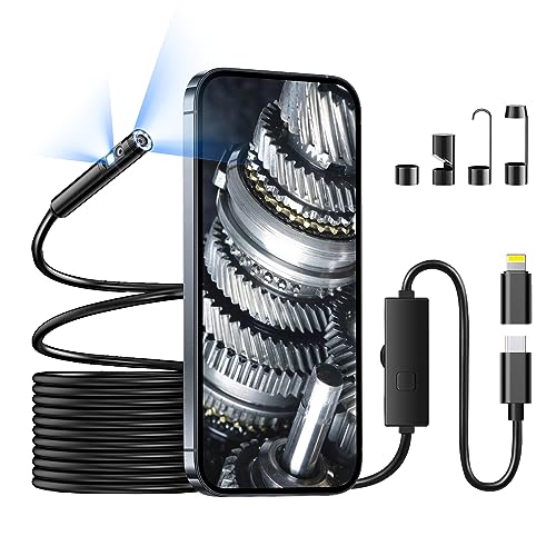 [Dual-Lens] Endoscope Camera with Light, 1920P Borescope Inspection Camera with 8+1 Adjustable LED Lights, Semi-Rigid Snake Cable 16.5FT, IP67 Waterproof for iPhone, iPad, Samsung,Cool Gadgets for Men