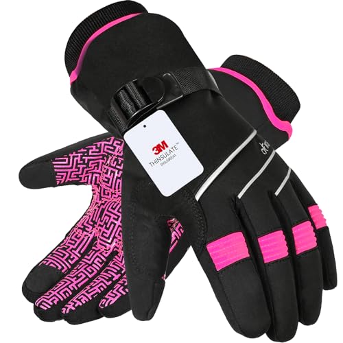 MOREOK Waterproof & Windproof -30°F Winter Gloves for Men/Women, 3M Thinsulate Thermal Gloves Touch Screen Warm Gloves for Skiing,Cycling,Motorcycle,Running-Pink-M