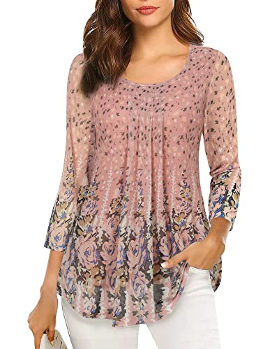 VALOLIA Women's 3/4 Sleeve Shirts, Floral Tunic Shirts for Women Cuffed Sleeve Blouse Lightweight Comfy Tops Elegant Floral Pleated Front Layered Swing Blouses for Leggings Large Multicolor Pink