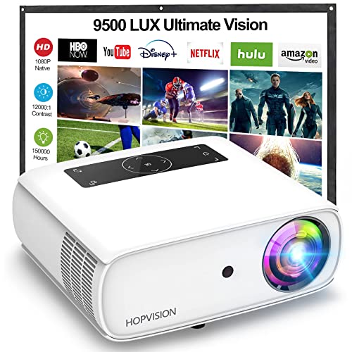 HOPVISION Native 1080P Projector Full HD, 15000Lux Movie Projector with 150000 Hours LED Lamp Life, Support 4K 350' Home Outdoor Projector for Smartphone/PC/Laptop/ PS4/ TV Stick/EXCEL/PPT