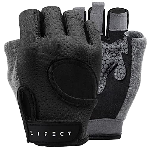 LIFECT Breathable Workout Gloves, Knuckle Weight Lifting Fingerless Gym Exercise Gloves with Curved Open Back, for Powerlifting, Crossfit, Women and Men (Black, Large)