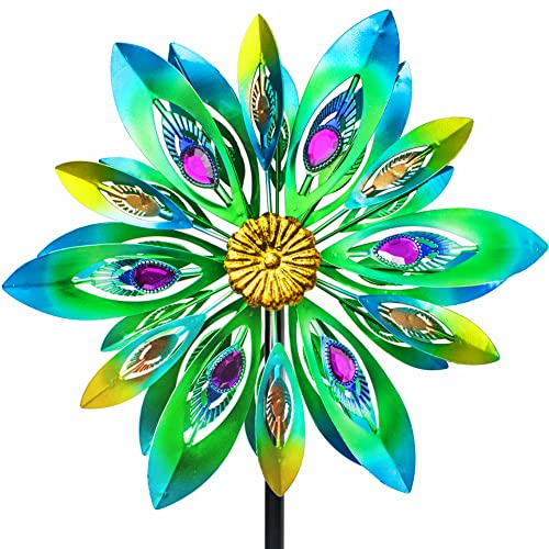 VEWOSTAR 53 Inch Wind Spinner - Outdoor Metal Peacock Wind Sculptures for Garden, Patio, Yard, Lawn Decorations Double Windmill Spinner